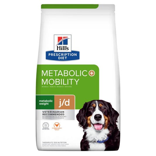 A bag of Hill’s Prescription Diet Metabolic + Mobility dog food with a picture of a dog on the front.