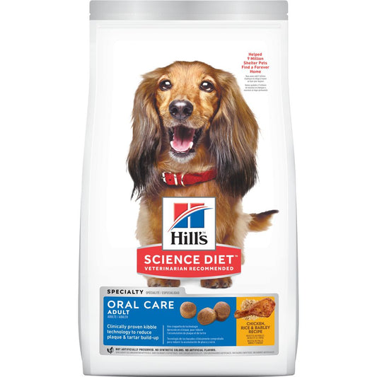 A bag of Hill’s Science Diet dog food with a picture of a brown and white dog on the front, specifically for oral care.